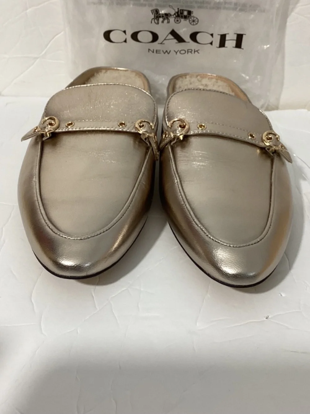 NEW W/OUT BOX COACH MULES IRENE METALLIC GOLDEN SHEARLING LINING